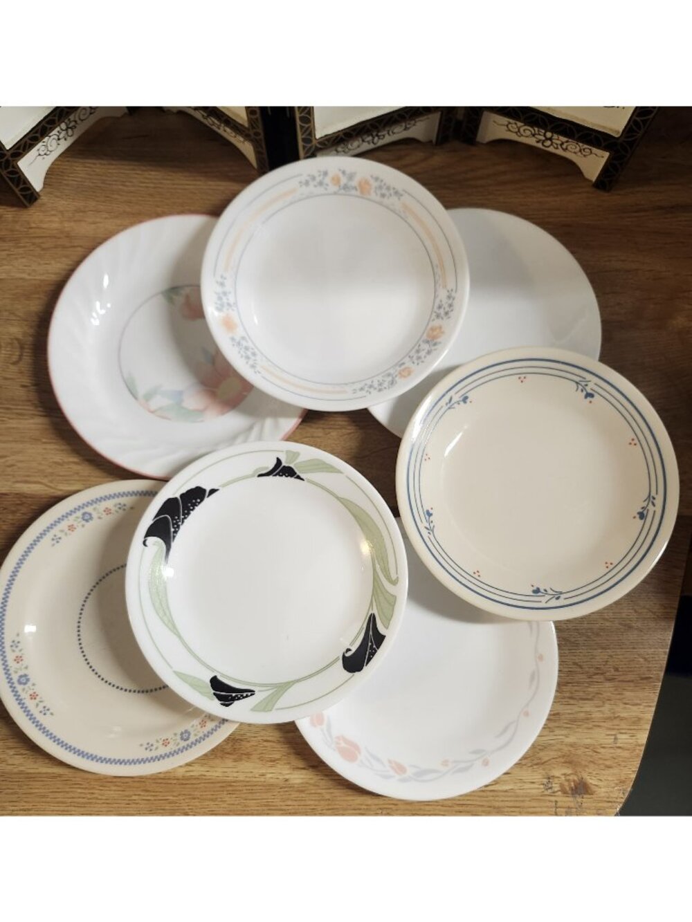 7- Mismatched Corelle Bread, Cake, Side Plates 6.75-7.25" Set of Seven